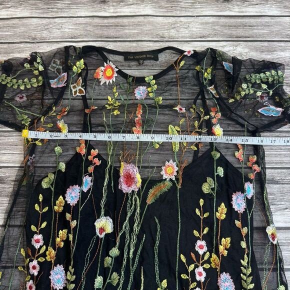 The Vintage Shop Women's Short Lace Overlay Mini Dress S SM Small Black Floral - Picture 9 of 14
